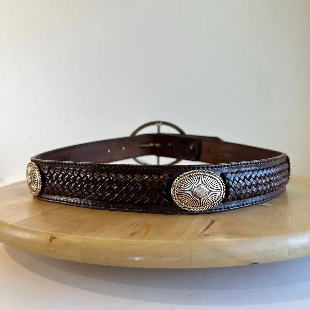 90s Brown Woven Starburst Studded Western Large Silver Buckle Belt Size Small